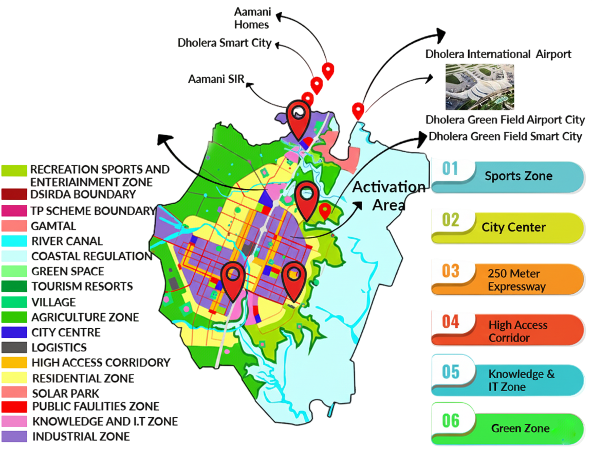 Dholera planning map showing activation area and key connected zones